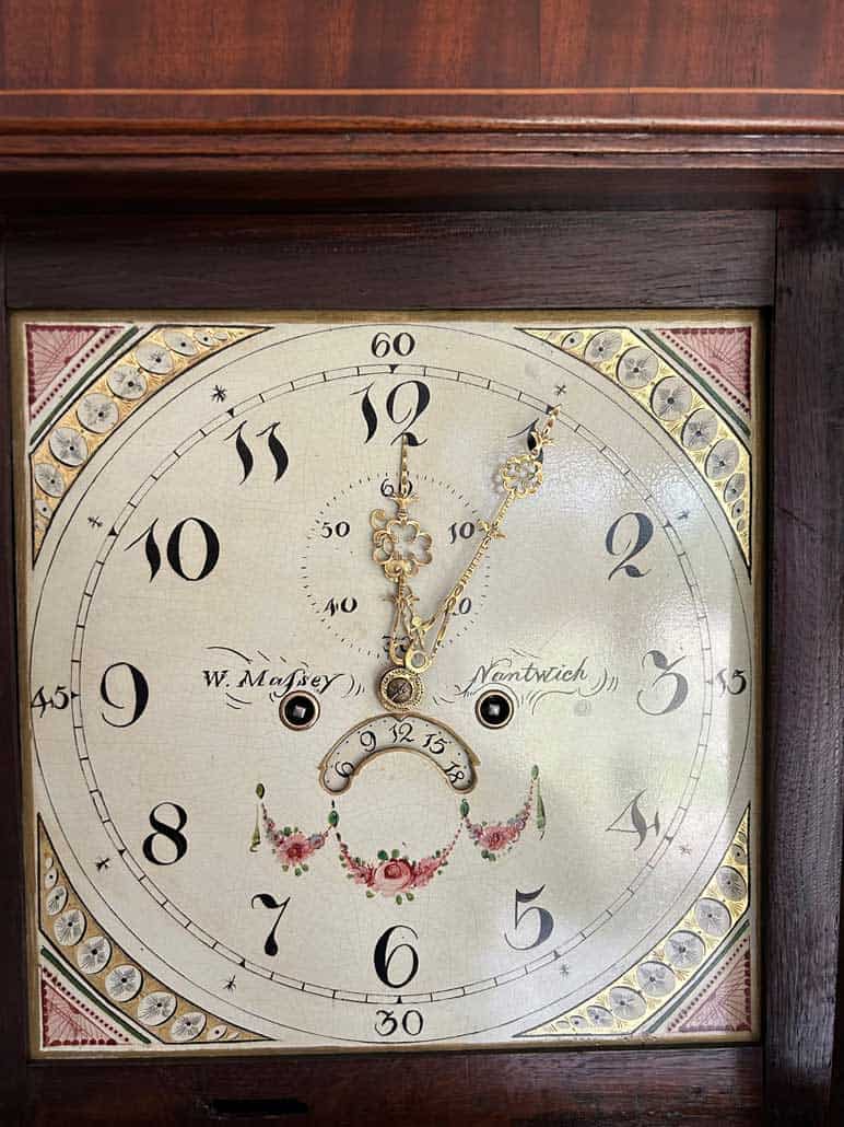 North West Grandfather Clocks | Antique Clocks For S. Vintage wooden clock with ornate face and Roman numerals.
